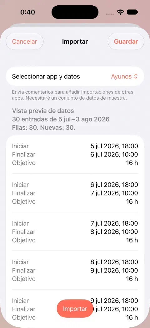 Vista previa de importación de un CSV de Fasty que muestra 30 filas, 30 entradas nuevas y los valores de inicio, fin y objetivo de los primeros registros antes de guardar.