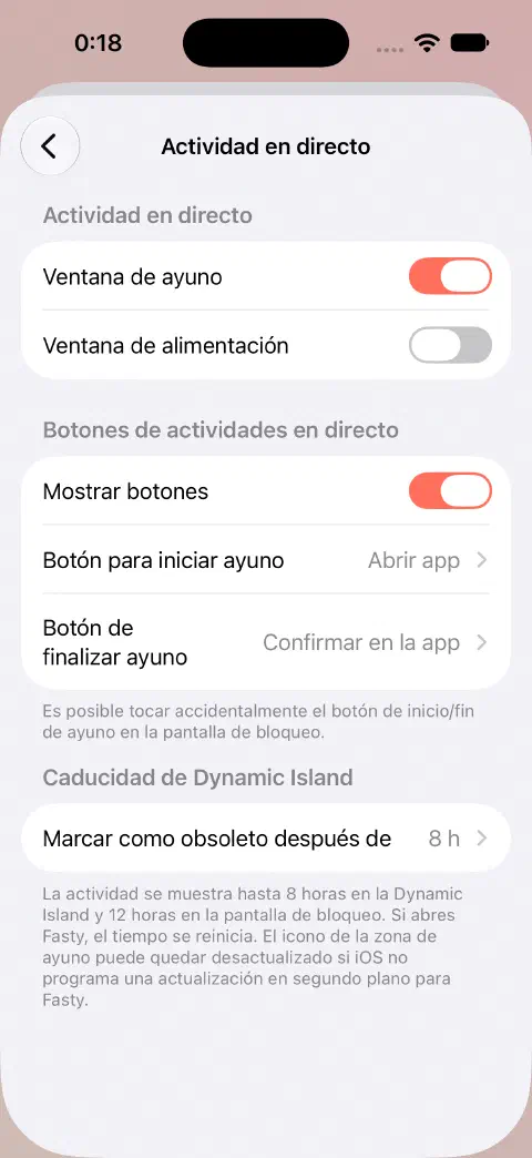 Ajustes de actividades en directo con interruptores independientes de ayuno y alimentación, opciones de comportamiento de los botones y ajustes de caducidad de la Dynamic Island.