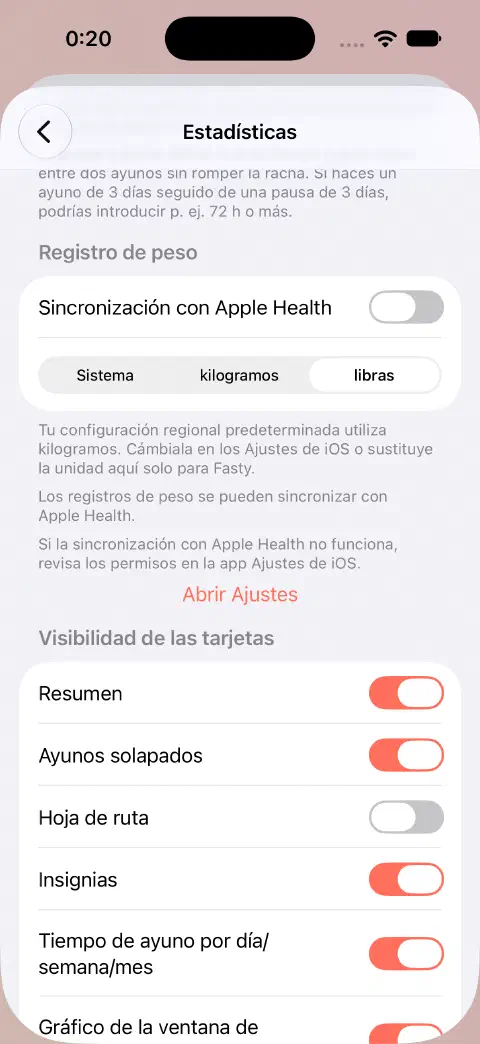 Ajustes de estadísticas con la sincronización con Salud de Apple desactivada y las libras seleccionadas en lugar del sistema o los kilogramos.