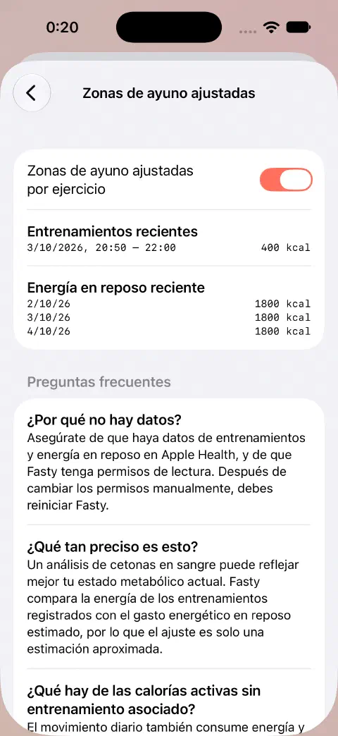 Zonas de ayuno ajustadas activadas, con un entrenamiento de demostración de 400 kcal y valores recientes de energía en reposo debajo.