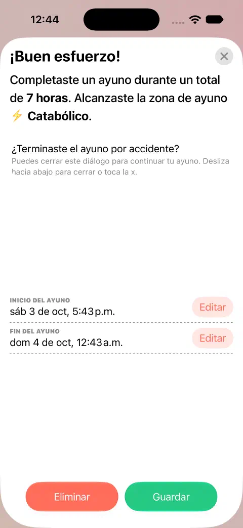 Entrada de un ayuno completado lista para guardar, con botones de edición separados para el inicio y el fin del ayuno.