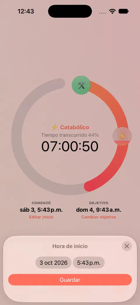 Temporizador de ayuno activo con el editor de hora de inicio, el control de fecha y hora y el botón para guardar.
