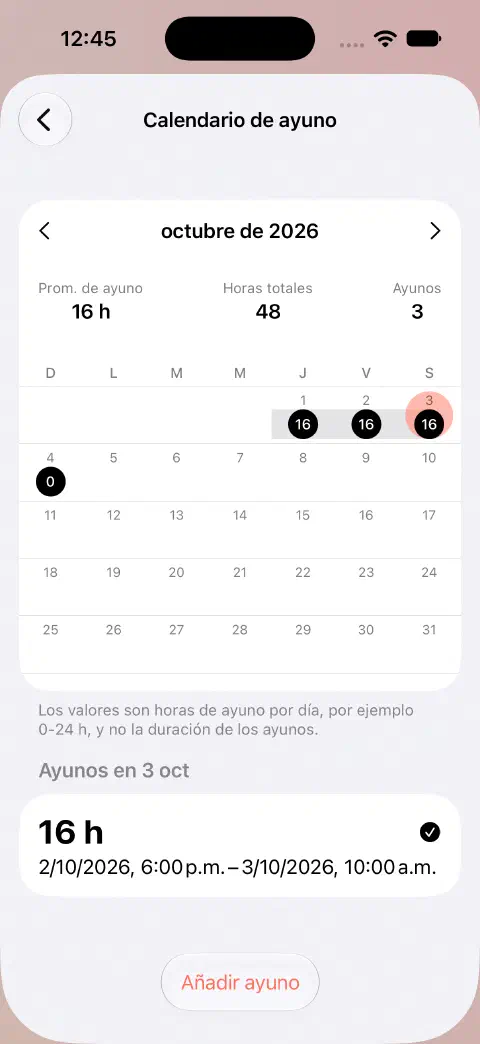 Calendario de ayunos de octubre con un día seleccionado y su ayuno completado debajo.