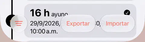 Barra inferior del historial de ayunos, con el botón de filtro de tres líneas a la izquierda y los controles de exportación e importación a la derecha.
