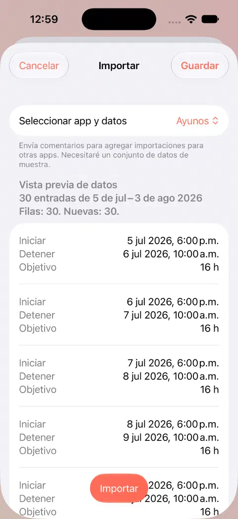 Vista previa de importación de un CSV de Fasty que muestra 30 filas, 30 entradas nuevas y los valores de inicio, fin y objetivo de los primeros registros antes de guardar.