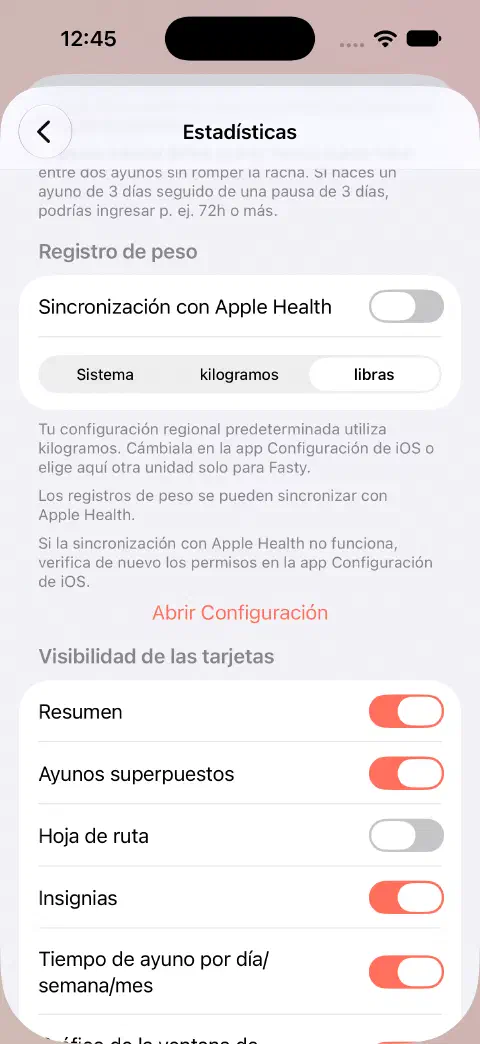 Configuración de estadísticas con la sincronización con Salud de Apple desactivada y las libras seleccionadas en lugar del sistema o los kilogramos.