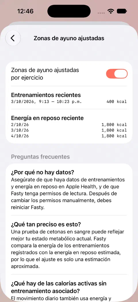Zonas de ayuno ajustadas activadas, con un entrenamiento de demostración de 400 kcal y valores recientes de energía en reposo debajo.