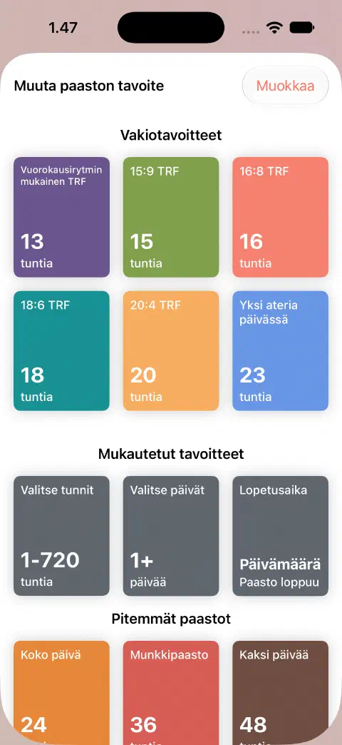 Muuta paaston tavoite -näkymä, jossa on vakiokestot sekä Valitse tunnit-, Valitse päivät- ja Lopetusaika-valinnat.