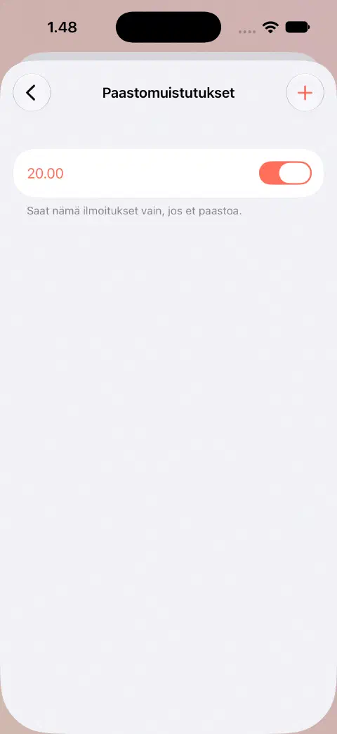 Paastomuistutukset-näkymä, jossa on käytössä oleva päivittäinen muistutus klo 20.00 ja selitys, että se ilmoittaa vain, kun et paastoa.