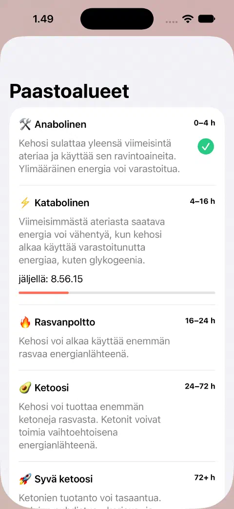 Paastoalueet-näkymä, jossa on alueiden nimet, arvioidut aikavälit, selitykset ja nykyisen alueen jäljellä olevan ajan edistymispalkki.