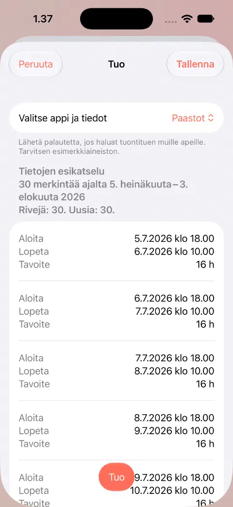 Fastyn CSV-tuonnin esikatselu, jossa näkyvät 30 riviä, 30 uutta merkintää sekä ensimmäisten merkintöjen aloitus-, lopetus- ja tavoitearvot ennen tallentamista.