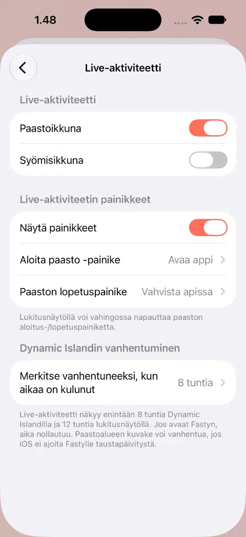 Live-aktiviteetti-asetukset, joissa on erilliset paasto- ja syömiskytkimet, painiketoiminnan valinnat ja Dynamic Islandin vanhenemisasetukset.