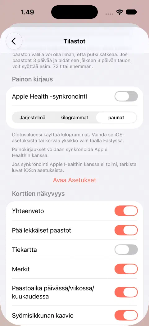 Tilastoasetukset, joissa Apple Health -synkronointi on pois käytöstä ja paunat on valittu Järjestelmä-asetuksen tai kilogrammojen sijaan.