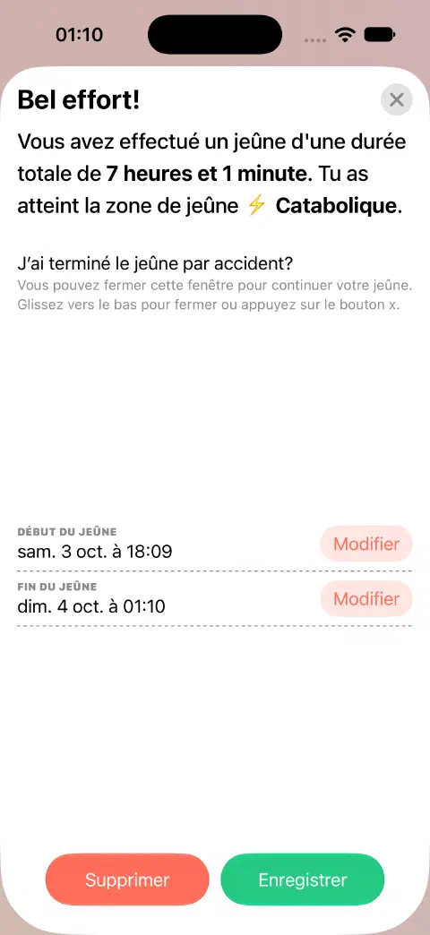 Entrée de jeûne terminé prête à être enregistrée, avec des boutons distincts pour modifier le début et la fin.