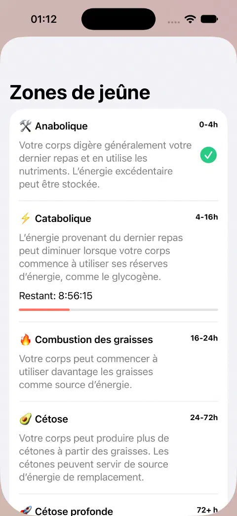 Liste des zones de jeûne avec noms, plages horaires estimées, explications et barre de progression du temps restant dans la zone actuelle.