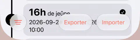 Barre du bas de l’historique, avec le filtre à trois lignes à gauche et l’exportation et l’importation à droite.