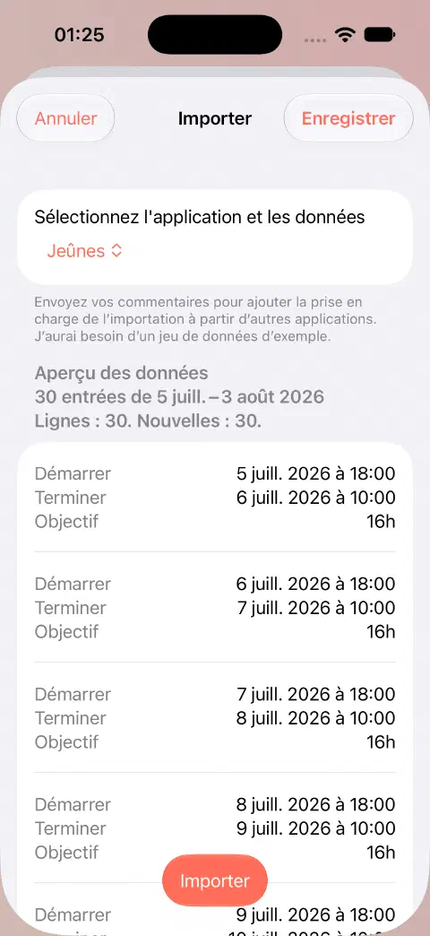 Aperçu d’importation CSV avec 30 lignes, 30 nouvelles entrées et leurs dates de début, fin et objectifs avant l’enregistrement.