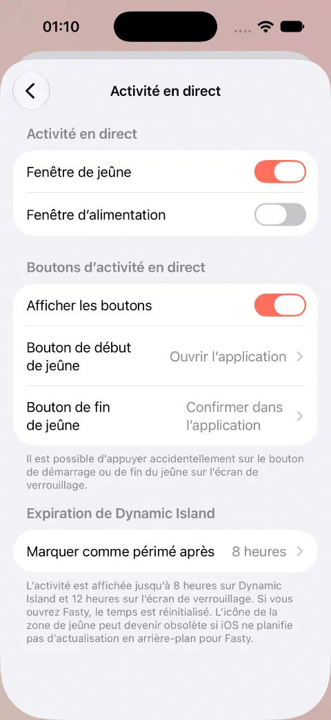 Réglages avec interrupteurs distincts pour jeûne et alimentation, choix de comportement des boutons et expiration dans la Dynamic Island.