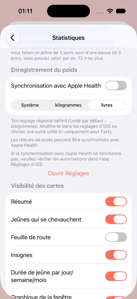 Réglages statistiques avec la synchronisation Santé désactivée et les livres sélectionnées plutôt que le système ou les kilogrammes.