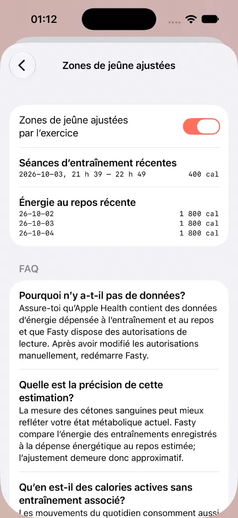 Ajustement des zones activé avec un entraînement d’exemple de 400 cal et des données d’énergie au repos.