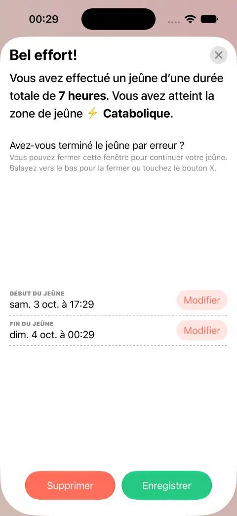 Entrée de jeûne terminé prête à être enregistrée, avec des boutons distincts pour modifier le début et la fin.