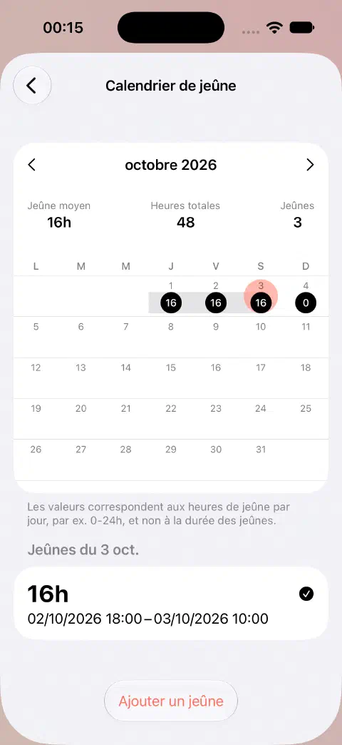 Calendrier de jeûne d’octobre avec un jour sélectionné et son jeûne terminé sous la grille.