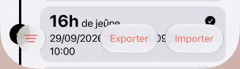 Barre du bas de l’historique, avec le filtre à trois lignes à gauche et l’exportation et l’importation à droite.