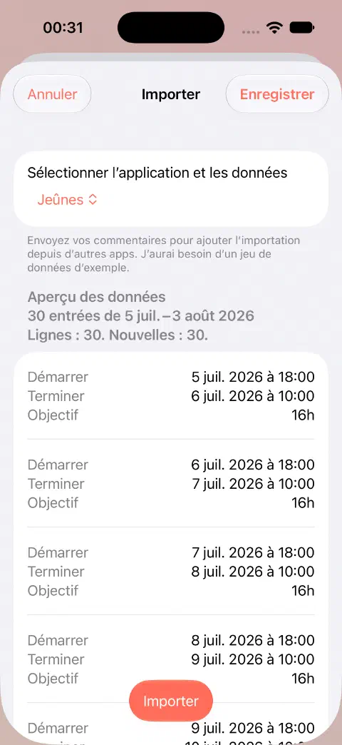 Aperçu d’importation CSV avec 30 lignes, 30 nouvelles entrées et leurs dates de début, fin et objectifs avant l’enregistrement.