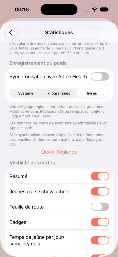 Réglages statistiques avec la synchronisation Santé désactivée et les livres sélectionnées.