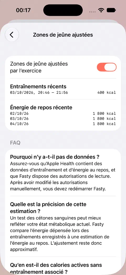 Ajustement des zones activé avec un entraînement d’exemple de 400 kcal et des données d’énergie au repos.