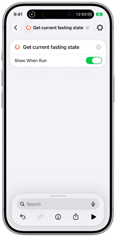 A shortcut in Apple's Shortcuts app using Fasty's Get current fasting state action.