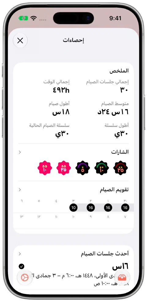 ملخص إحصاءات Fasty مع إجمالي الوقت وعدد مرات الصيام والسلسلتين الحالية والأطول والشارات المكتسبة.