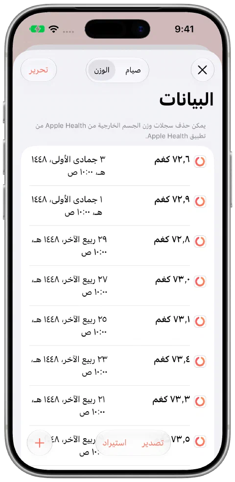 سجلات أوزان تجريبية مؤرخة في Fasty مع تقلبات صغيرة، أحدثها 72.6 كيلوجرامًا في 14 أكتوبر.