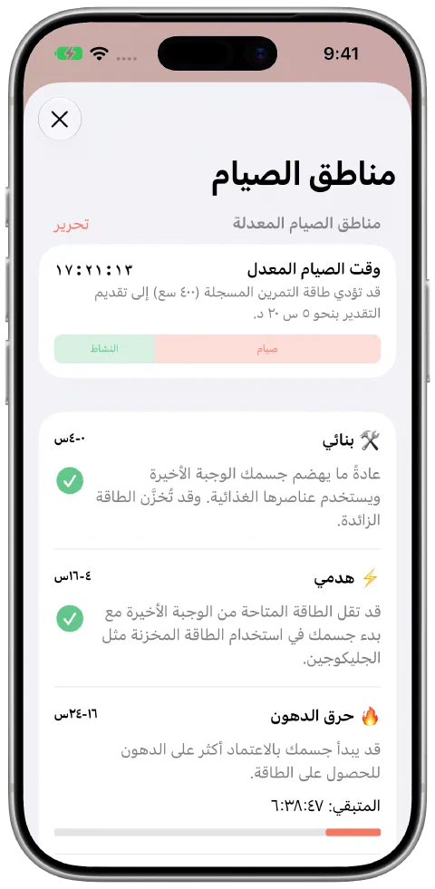 لوحة وقت الصيام المعدّل في Fasty تعرض مساهمتي الصيام والتمرين والتقدم في المنطقة الحالية.