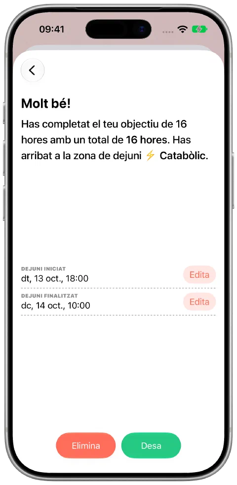 Un dejuni registrat amb hores d’inici i de finalització editables i un botó per desar.