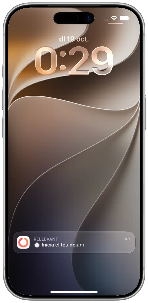 Una notificació real del Fasty rebuda a la pantalla bloquejada de l’iPhone per recordar l’inici del dejuni.