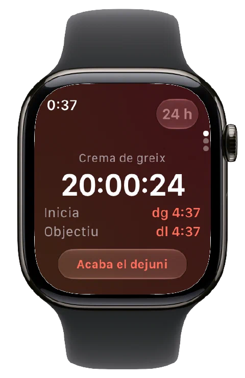 El Fasty a l’Apple Watch amb temporitzador actiu, hores d’inici i d’objectiu i botó per acabar el dejuni.