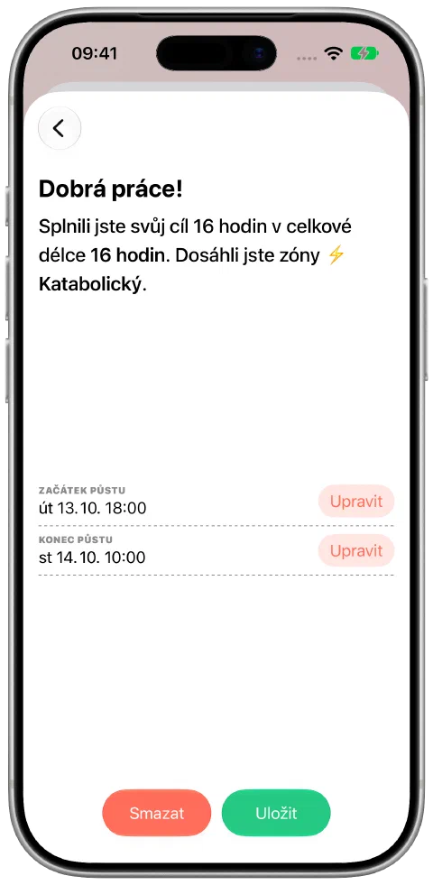 Zaznamenaný půst s upravitelnými časy začátku a konce a tlačítkem pro uložení.