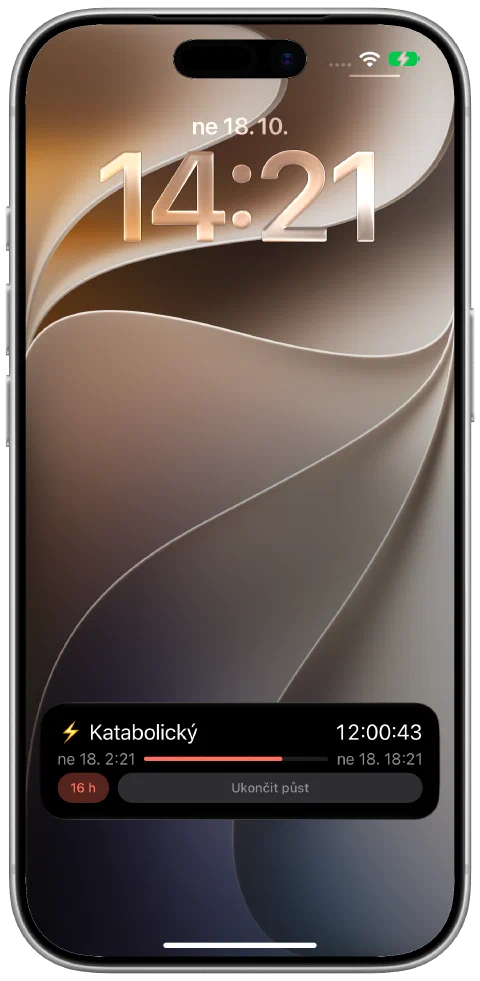 Živá aktivita Fasty na zamčené obrazovce iPhonu s aktivním časovačem, postupem k cíli a ovládáním pro ukončení půstu.
