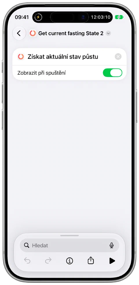 Zkratka v aplikaci Zkratky od Applu využívající akci Fasty pro získání aktuálního stavu půstu.