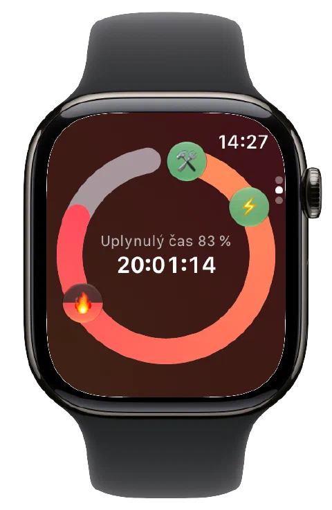 Ikony odhadovaných zón půstu a aktivní časovač Fasty na Apple Watch.