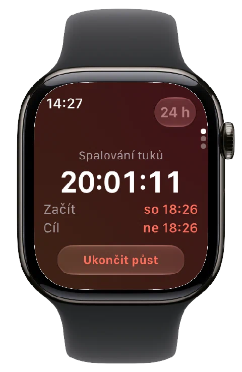Fasty na Apple Watch s aktivním časovačem, časem začátku a cíle a tlačítkem pro ukončení půstu.