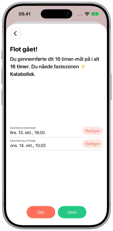 En registreret faste med redigerbare start- og sluttider og en knap til at gemme.