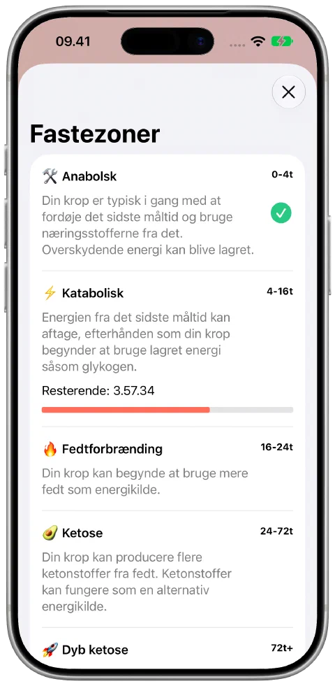 Visningen Fastezoner i Fasty med forklaringer og fremskridt i den aktuelle zone.