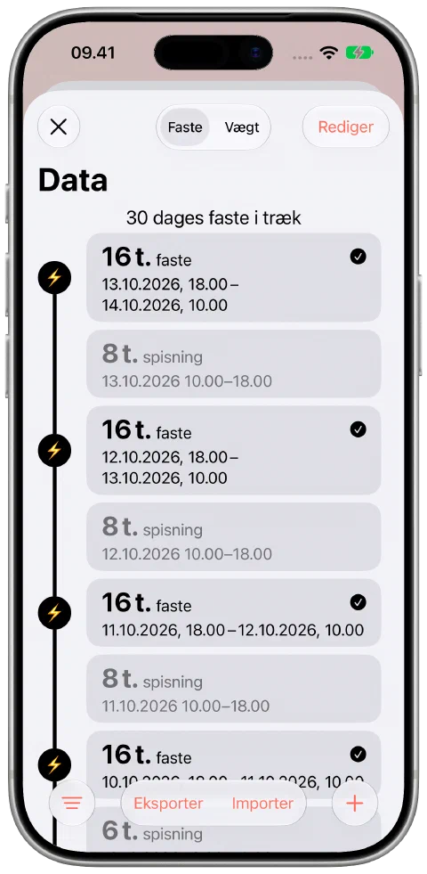 Fastys sammenhængende tidslinje med faste- og spisevinduer og en overskrift for en stime på 30 dage.
