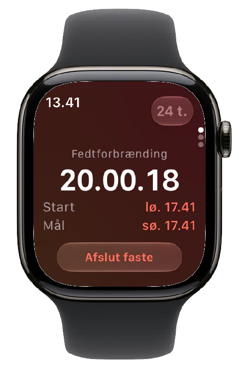 Fasty på Apple Watch med aktiv timer, starttid, tidspunkt for målet og en knap til at afslutte fasten.