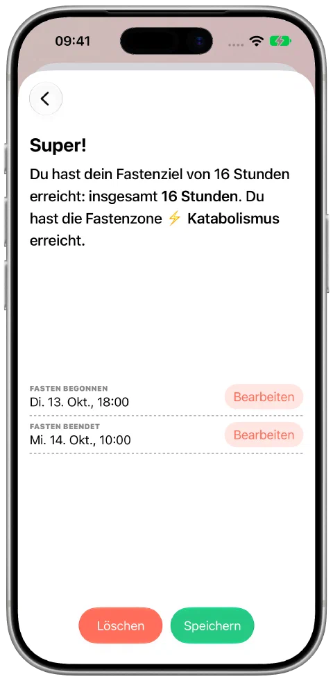Eine gespeicherte Fastenzeit mit bearbeitbaren Start- und Endzeiten und einer Speichertaste.