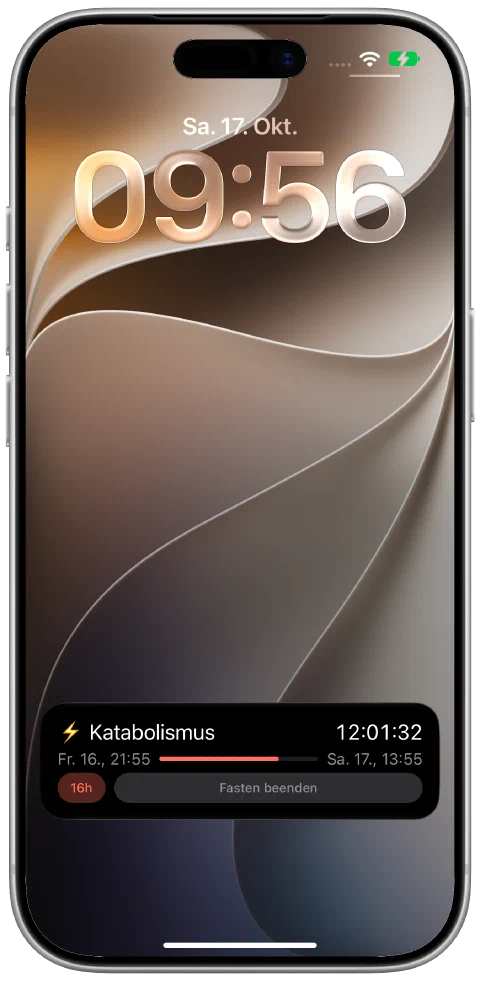 Fasty-Live-Aktivität auf dem iPhone-Sperrbildschirm mit laufendem Fastentimer, Zielfortschritt und der Steuerung zum Beenden.