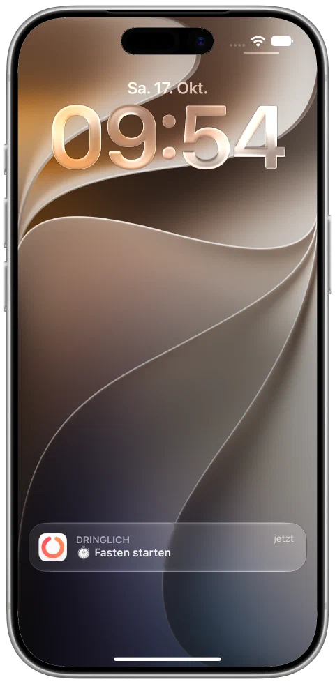 Eine tatsächlich zugestellte Fasty-Mitteilung auf dem iPhone-Sperrbildschirm, die zum Fastenbeginn auffordert.