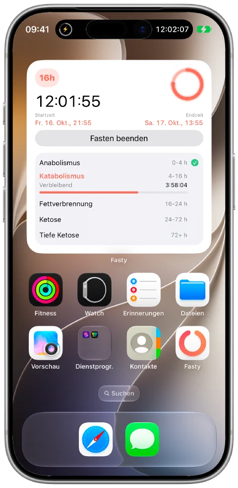 Das große Fasty-Widget auf einem iPhone-Home-Bildschirm mit laufendem Timer und Fastenzonen.
